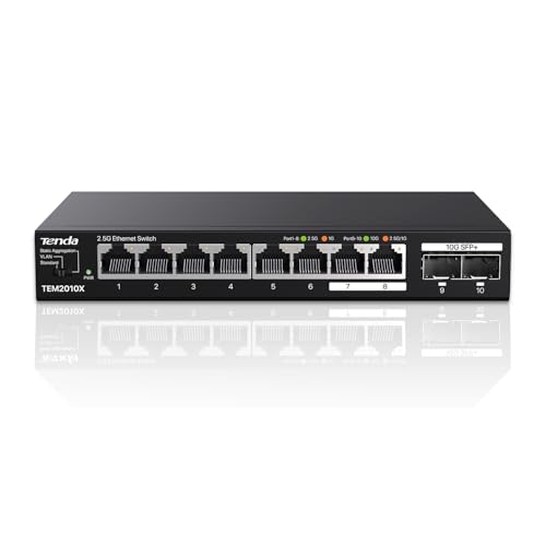 Tenda 2.5 Gbit Switch mit 8X 2.5G Ports & 2X 10G SFP+ Ports (VLAN, Statische Aggregation, Unmanaged, Plug-and-Play, Metallgehäuse) (TEM2010X)