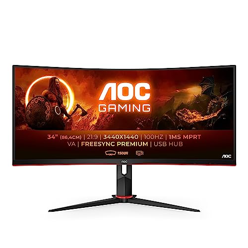 AOC Gaming CU34G2 - 34 Zoll WQHD Curved Monitor, 100 Hz, 1ms, FreeSync Premium (3440x1440, HDMI, DisplayPort, USB Hub) schwarz/rot