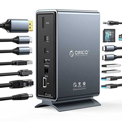 ORICO Thunderbolt 3 Dock, 15-in-1 Thunderbolt Docking Station 40 Gbit/s mit 8K@30Hz, PD60W, 2X USB-C 3.1 Gen 2, USB-A 3.1 Gen 2, 2X USB-A 3.1 Gen 1, Gigabit Ethernet für MacBook Mac & Windows(Grau)
