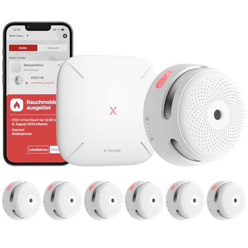 X-Sense Smart Rauchmelder XS01-M mit SBS50 Basisstation, TÜV Rheinland-Zertifiziert, Funkrauchmelder mit WLAN, vernetzbarer Feuermelder, kompatibel mit der X-Sense Home Security App, FS61, 6 Stück