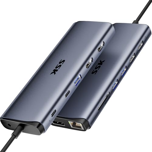 SSK 8K USB C Dock für Thunderbolt 4, MacBook Dockingstation 3 Monitore, 10 Gbit/s USB C Hub Dual HDMI, Displayport, Ethernet, 100 W PD, Mikrofon/Audio, USB C&A 3.2 Gen 2 Port für iPhone 15/Mac/Laptop