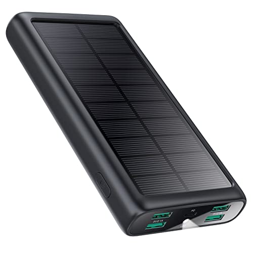 Power Bank 26800mAh, 15W Solar Powerbank PD3.0A USB C Input&Output Solarladegerät 5 Ausgang, Externer Akku mit LED-Taschenlampe Powerbank IP65 für Outdoor Kompatibel mit iPhone Samsung Huawei-Schwarz